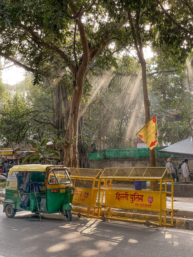 Ulica u Indiji, tuk-tuk i sunčevi zraci kroz drveće